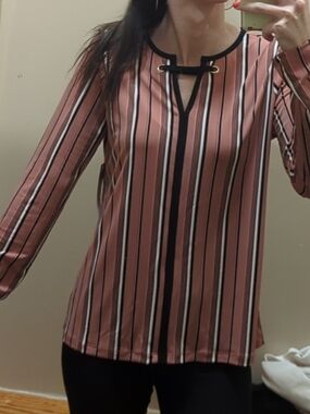 Striped Pink Long-Sleeve Keyhole Blouse
